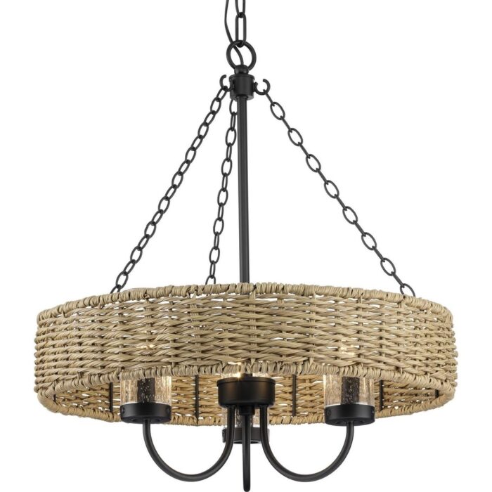 Pembroke Collection 3-Light 21.5 in. Matte Black Outdoor Pendant with Mocha Rattan Accents and Seeded Glass Shades - Large