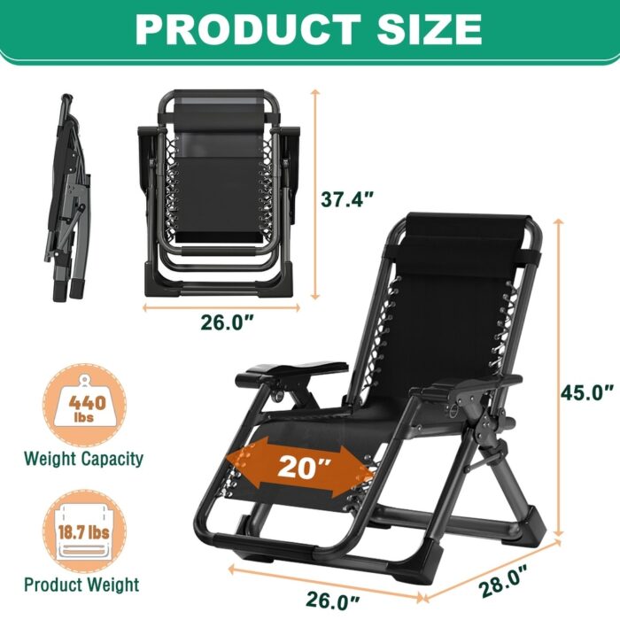 Zero Gravity Chair, Reclining Chaise Lounge with Removable Cushion - 26"×28"×45" - Image 2