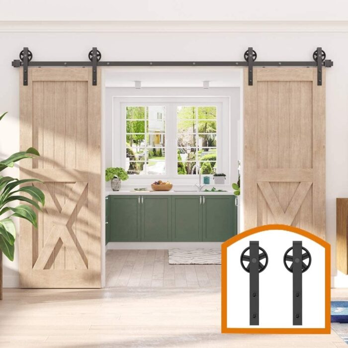WINSOON 4-12 FT Sliding Barn Door Hardware Track Kit for Double Doors Big Spoke Rollers