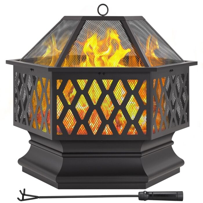 Yaheetech 26" Hex-Shaped Fire Pit Outdoor Fire Pit Wood Burning Metal Firepit Bowl with Spark Screen - N/A
