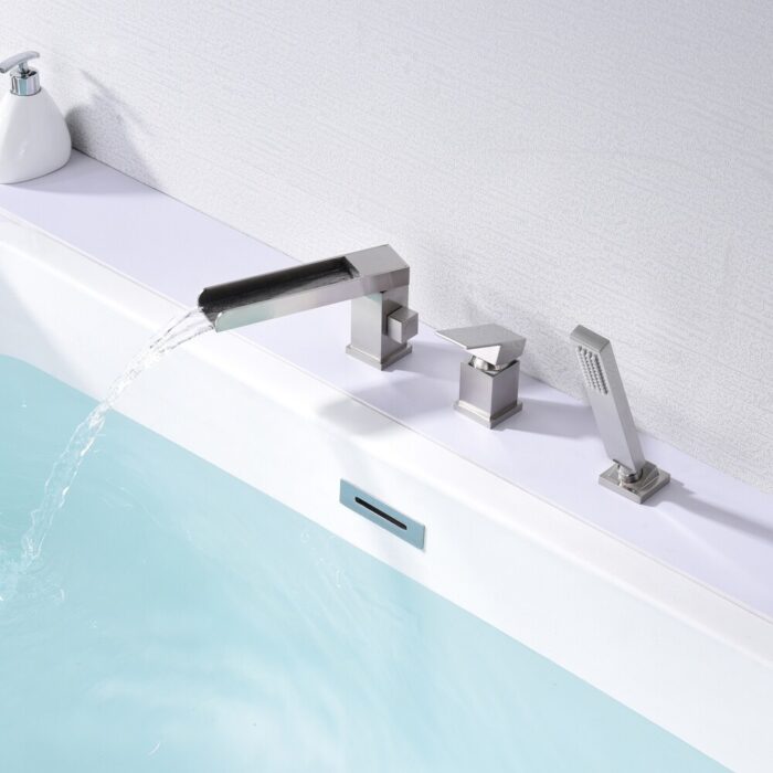 SUMERAIN Roman Tub Faucet with Sprayer Brushed Nickel Bathtub Faucet Waterfall Tub Filler 3 Holes