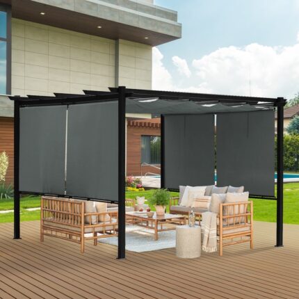 Aoodor Outdoor Pergola with Retractable Canopy, Aluminum Frame- Gray