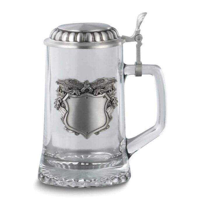 Curata 13.5 Ounce Glass Stein with Patriotic Eagle Pewter Badge and Removable Pewter Lid