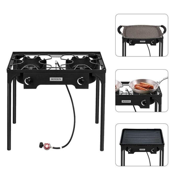 5.51" Head 75000-225000 BTU Outdoor Camp Stove Portable High Pressure Propane Gas Cooker/1.2M Leather Hose - Black
