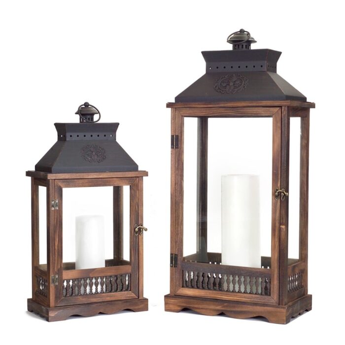 Wood and Metal Lantern (Set of 2) - 10.5 x 6 x 21; 12.75 x 7.5 x 27.5