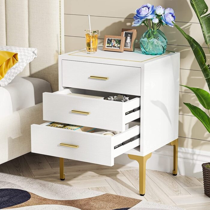 White Gold Nightstand, Modern 3 Drawers Bed Side Table for Bedroom - Image 2