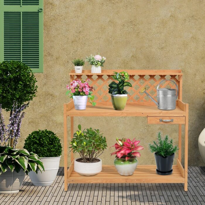 Garden Workbench, Wooden Potting Bench Table With Drawer