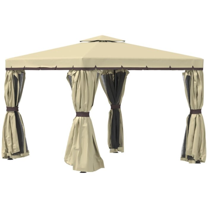 Outsunny 10' x 10' Patio Gazebo Outdoor Canopy Shelter with Double Tier Roof, Netting and Curtains for Garden - Image 2
