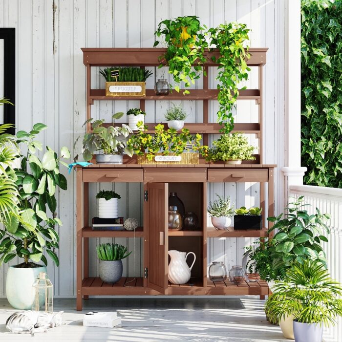 Outdoor Farmhouse Wooden Potting Bench Table, Garden Workstation with 2 Drawers - Image 2