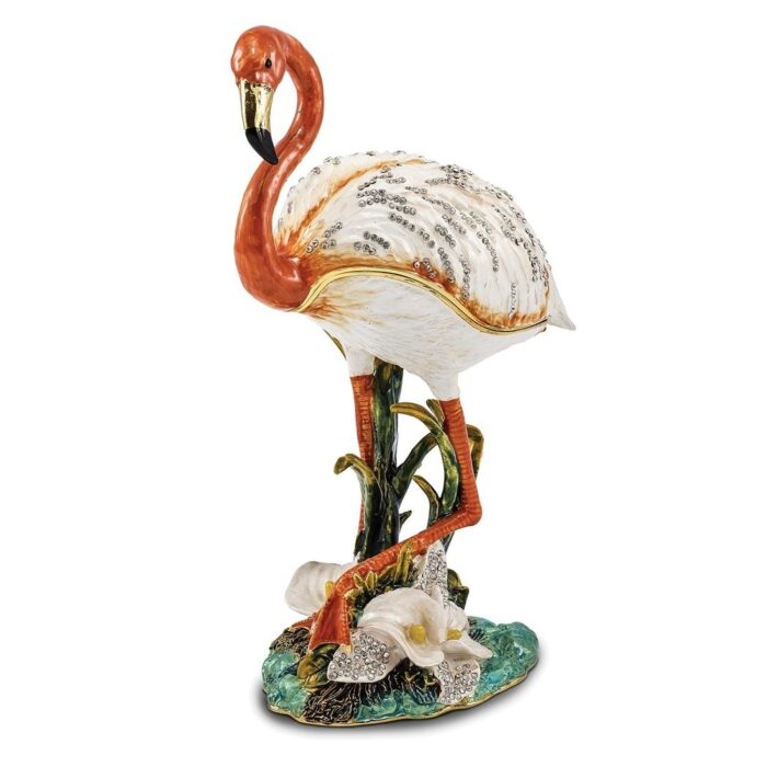 Curata Pewter Bejeweled Crystals Gold-Tone Enameled Mango Large Flamingo Trinket Box on 18 Inch Necklace