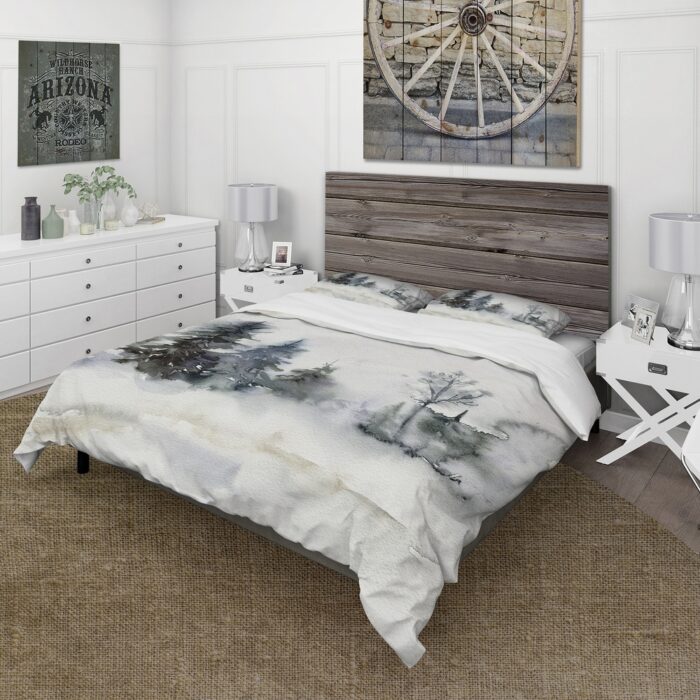 Designart 'Christmas Minimalistic Forest Landscape and Snow' Lake House Duvet Cover Set