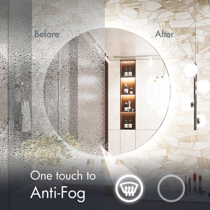 Keonjinn LED Backlit Round Bathroom Vanity Mirror, Wall Mounted Dimmable Anti-fog - Image 2