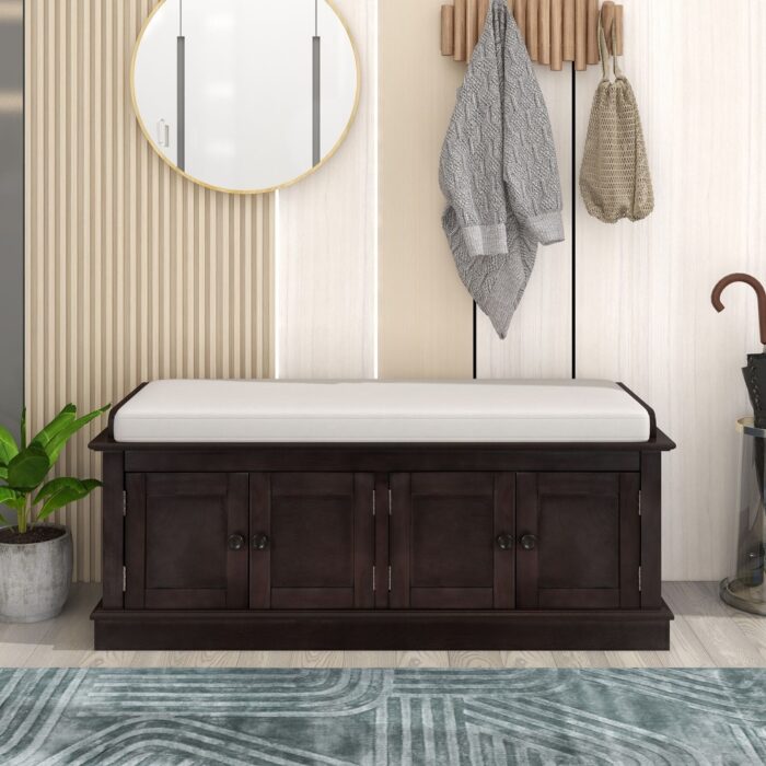 Home Collection Storage Bench w/ 4 Doors & Adjustable Shelves w/ Shoe Storage & Removable Cushion for Entryway Standard Benches - Image 2