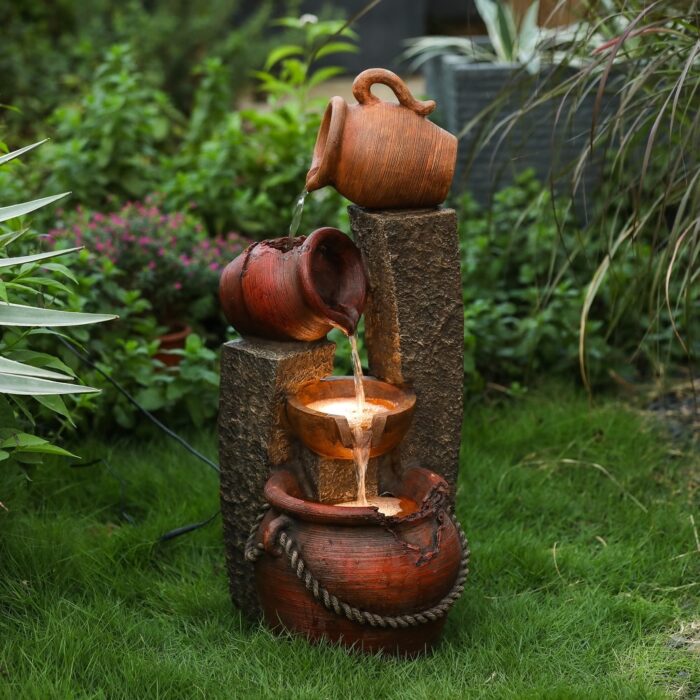 Brown Resin Pots and Posts Outdoor Fountain with LED Lights - Image 2