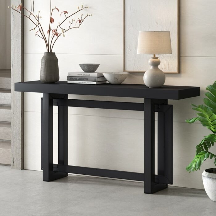 Modern Console Table Sofa Table with Industrial-Inspired Concrete Top, 59'' Long Solid Wood Accent Entryway Table for Hallway