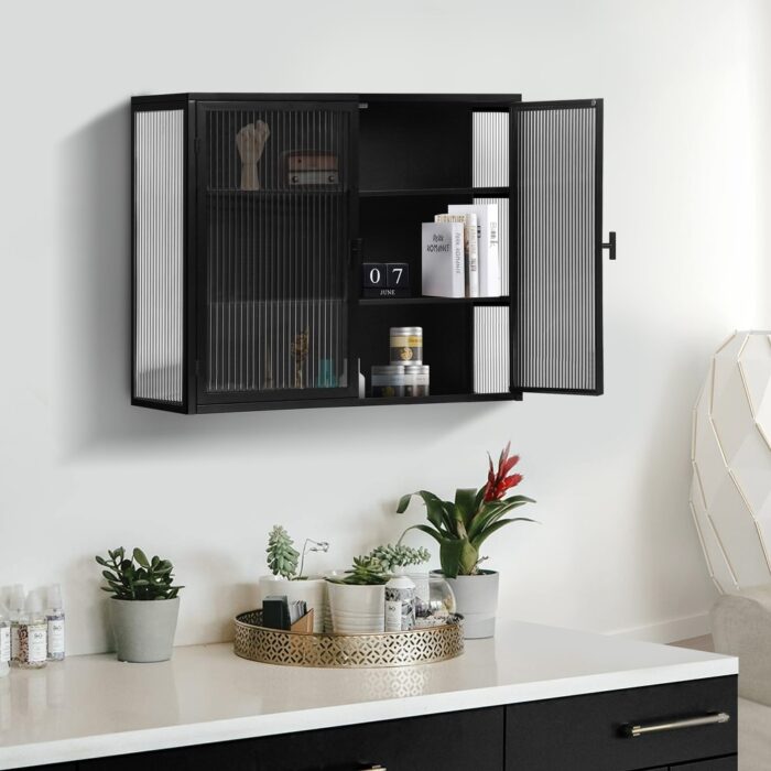 3-tier Storage Medicine Cabinet Fluted Glass Wall Cabinet, Black