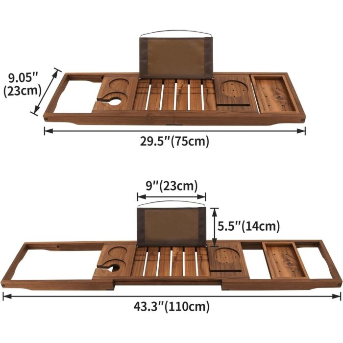 Teak Bathtub Tray, Expandable Wooden Bath Tray for Tub with Wine and Book Holder, Solid Bathroom Caddy with Free Teak Body Brush - Image 2
