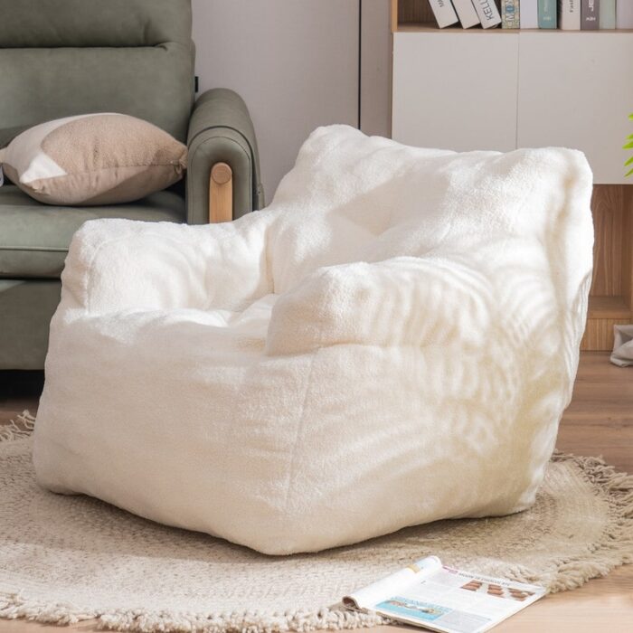 Soft Tufted Foam Bean Bag Chair with Teddy Fabric- Cream White - Image 2