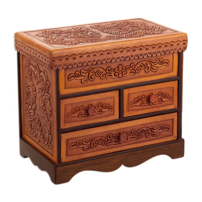 Novica Handmade Baroque Mysteries Wood And Leather Jewelry Box