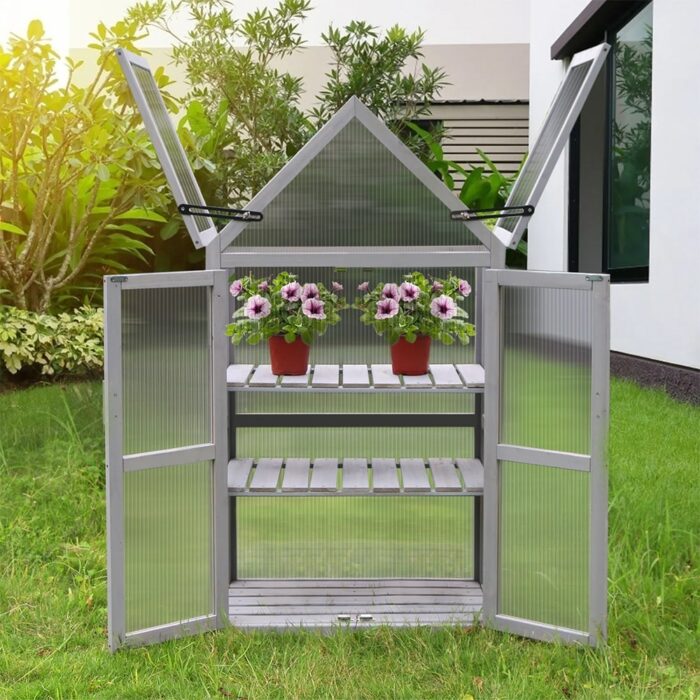 Wood Mini Greenhouse Kit with Adjustable Shelves, Patio Garden Plant Stand