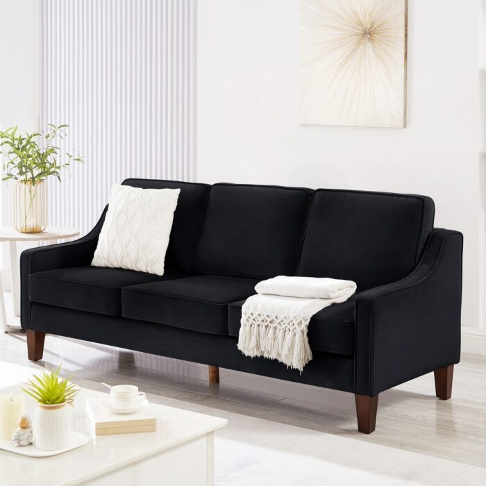 Velvet Straight Row Sofa Couch Removable Cushions Settee Scooped Armrest Loveseat Sofa with Wood Legs for Living Room