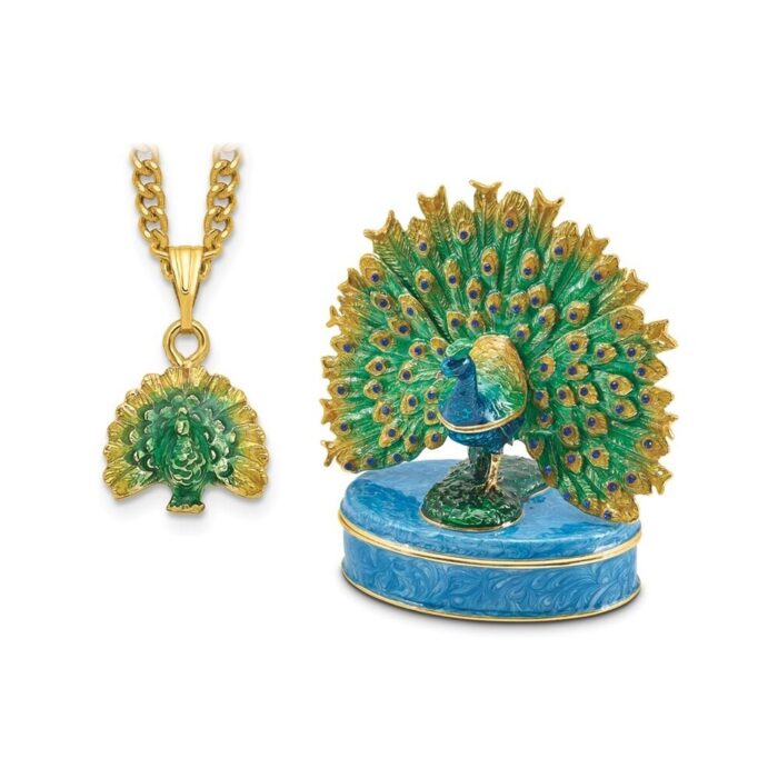 Curata Pewter Bejeweled Crystals Gold-Tone Enameled Pero Peacock on Oval Trinket Box on 18 Inch Necklace - Image 2