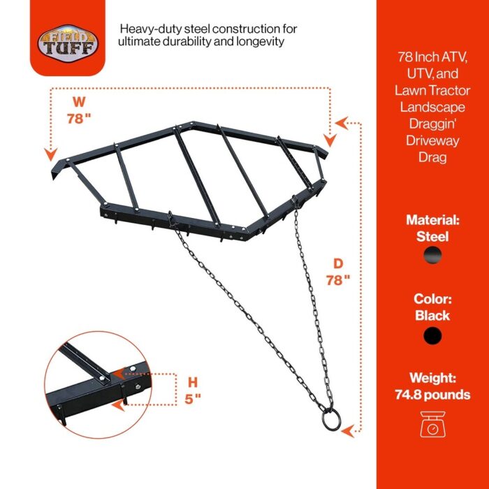 Field Tuff 78 Inch ATV, UTV, and Lawn Tractor Landscape Draggin' Driveway Drag - 74.8 - Image 2