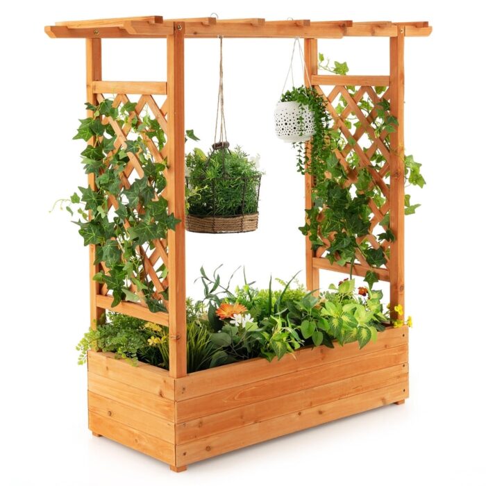 Gymax Raised Garden Bed Planter Box w/ Side & Top Trellis for Vine