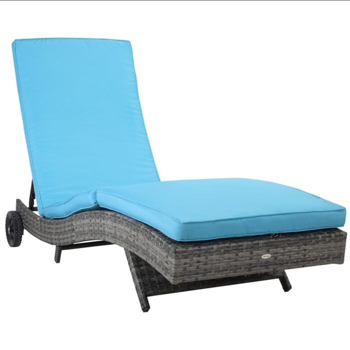 Outsunny Outdoor PE Rattan Patio Chaise Lounge Chair with 5 Backrest Angles & 2 Wheels for Easy Movement, Grey - Image 2