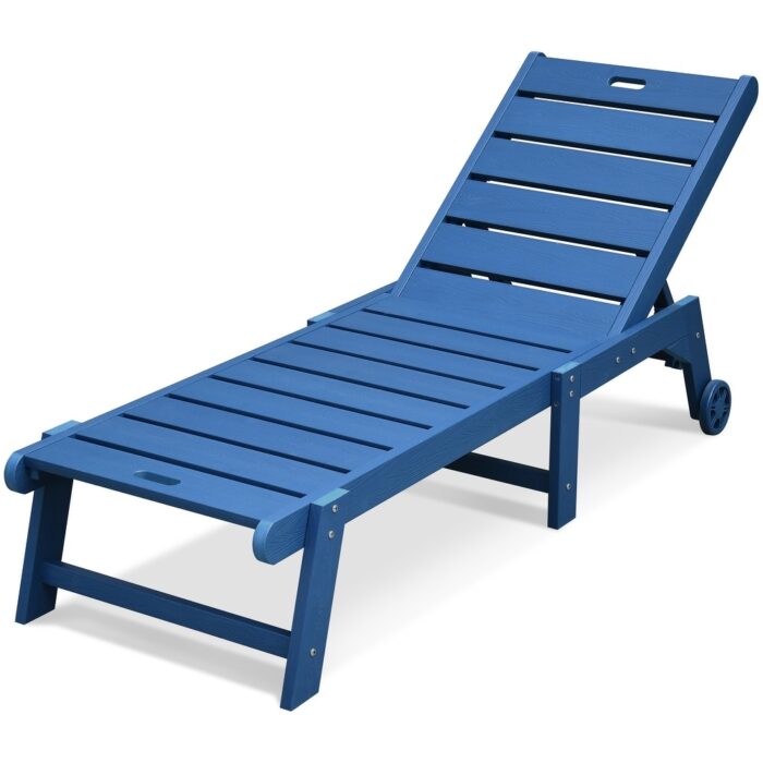 Ravenna Plastic Wood Patio Wheeled Stackable Chaise Lounge Reclining Chair with Adjustable Back