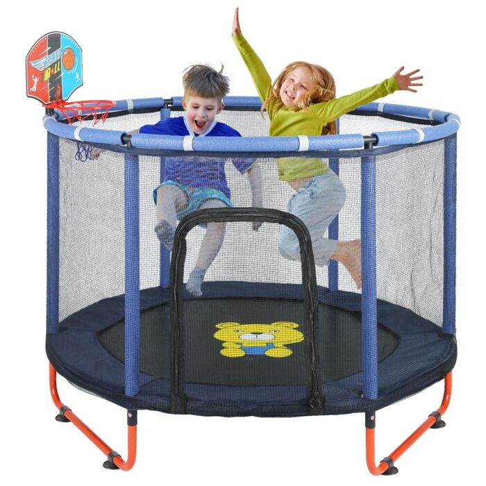 60" Trampoline for Kids, 5FT Trampoline with Enclosure Net, Mini Trampoline with Basketball Hoop, Recreational Trampolines