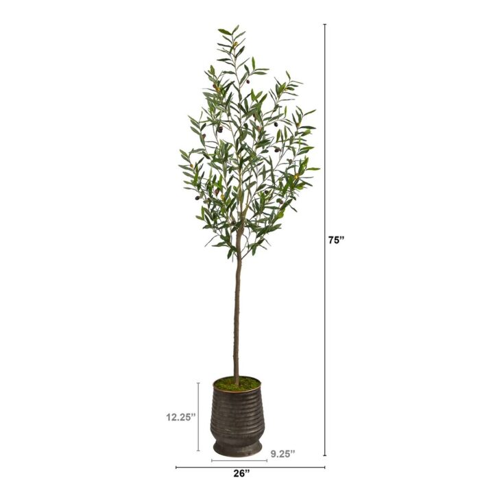 75" Olive Artificial Tree in Ribbed Metal Planter - 12.5" - Image 2