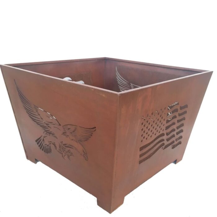24" Brown Rustic Finish American Flag Eagle Square Outdoor Fire Basket