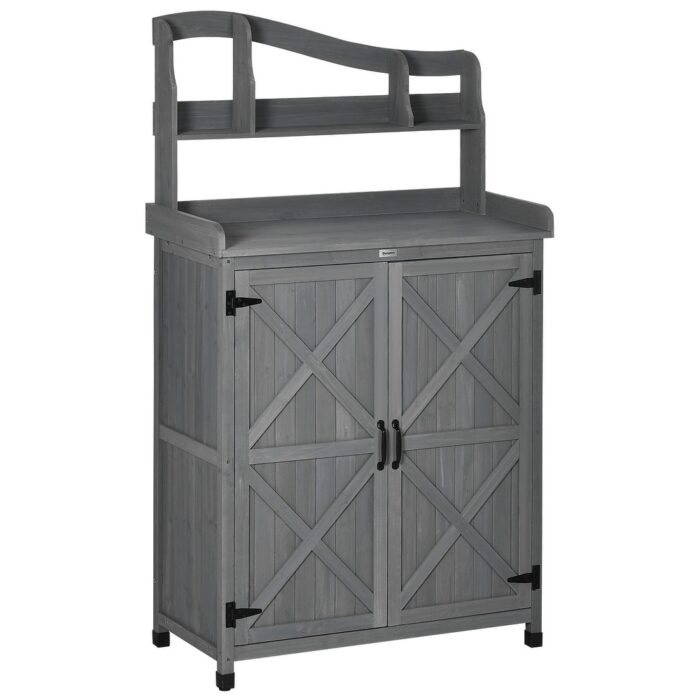Outsunny Outdoor Potting Bench Table & Garden Storage Cabinet, Multi-function Gardening Bench, Wooden Planting Workstation - Image 2