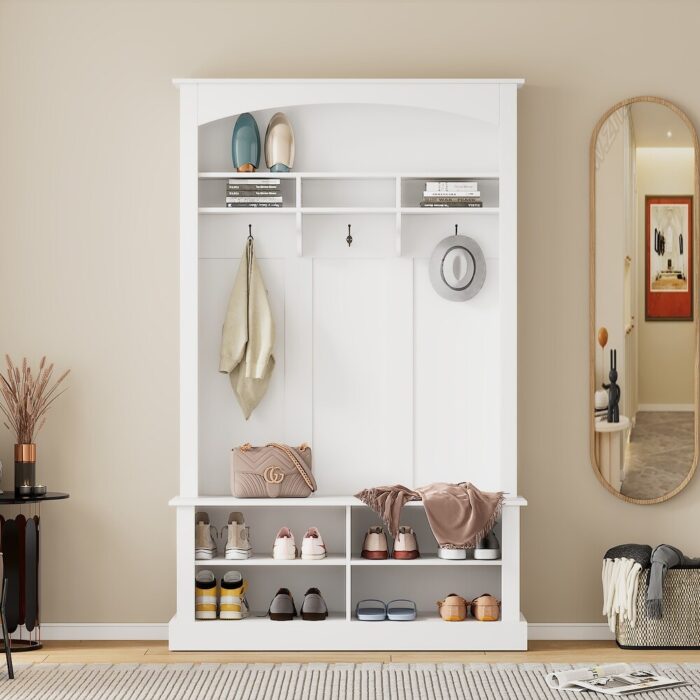 47.2'' Wide Hall Tree with Bench and Shoe Storage with 3 Hanging Hooks & Open Storage Space, Rectangle Storage Shelves Coat Rack - Image 2