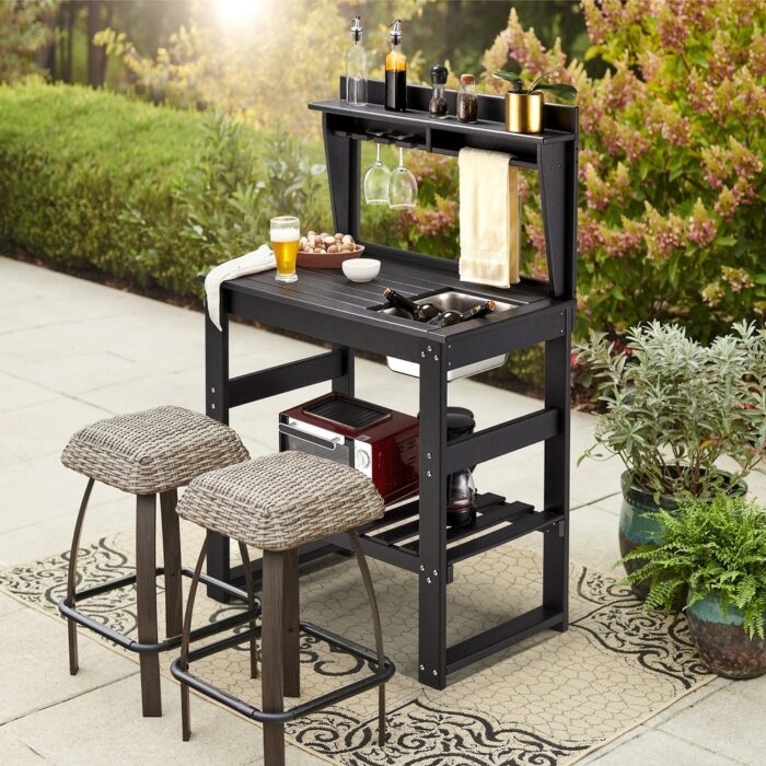EROMMY HDPE Potting Bench Table, Outdoor Gardening Work Bench w/Sink, Rack, Cup Holder, Wooden Texture Work Station Table