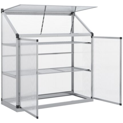 Outsunny 3-Tier Outdoor Garden Greenhouse, Cold Frame Polycarbonate Panel Planthouse with Openable Roof and Double Door, Silver - Image 2