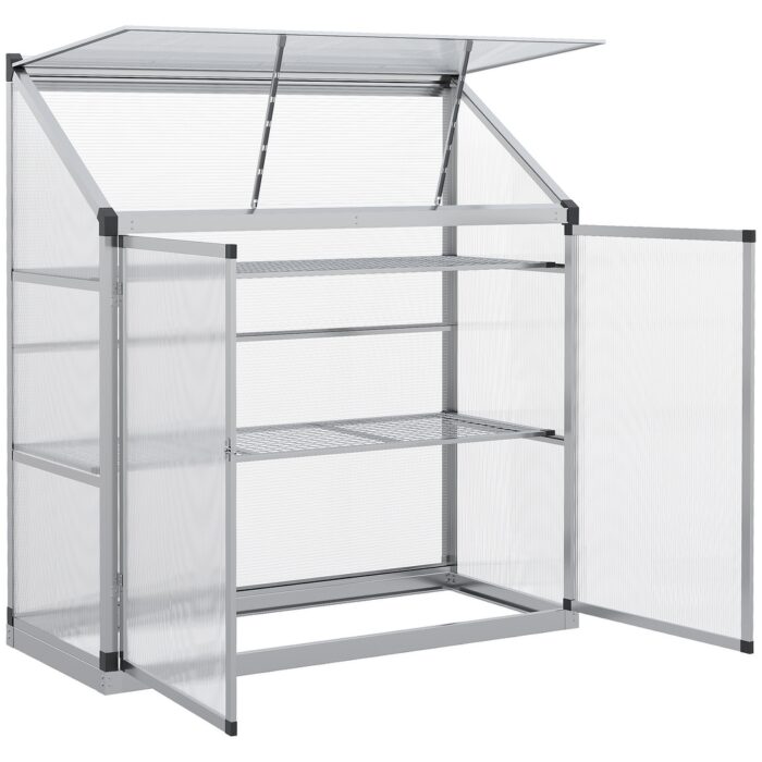 Outsunny 3-Tier Outdoor Garden Greenhouse, Cold Frame Polycarbonate Panel Planthouse with Openable Roof and Double Door, Silver - Image 2