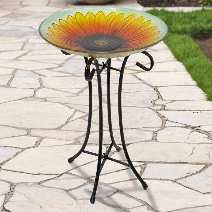 20.5" Orange and Yellow Sunflower Glass Bird Bath with Stand - Image 2