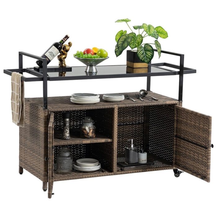 Outdoor Wicker Serving Cart Prep Station with Storage and Organization Space - Image 2