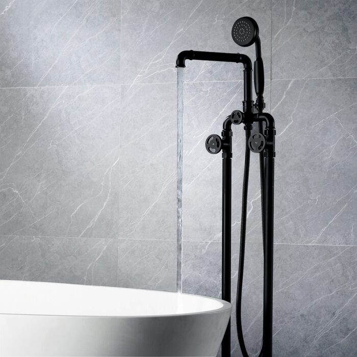 Floor Mount Bathtub Faucet Freestanding Tub Filler With Handheld Shower In Black / Gold - Image 2