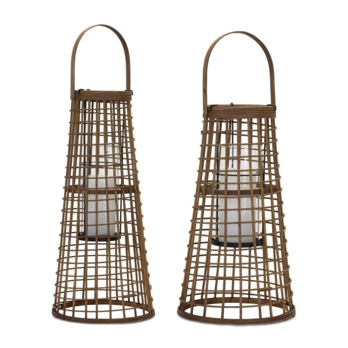 Woven Bamboo Candle Lanterns with Glass Hurricane - 21.5" - Brown - Set of 2