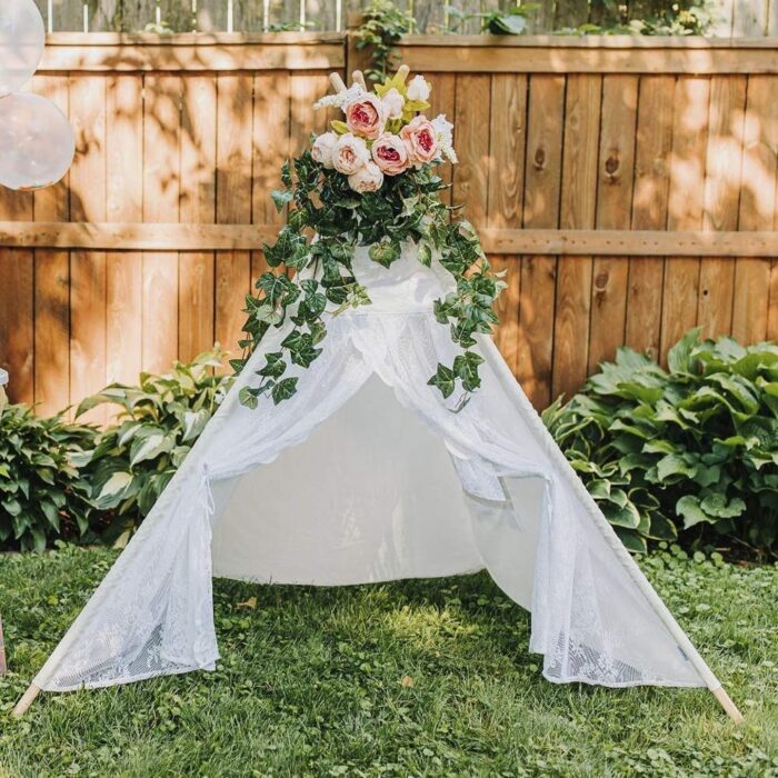 Teepee Tent Boho White for Kids with 6.5Ft Rose Vine Flowers