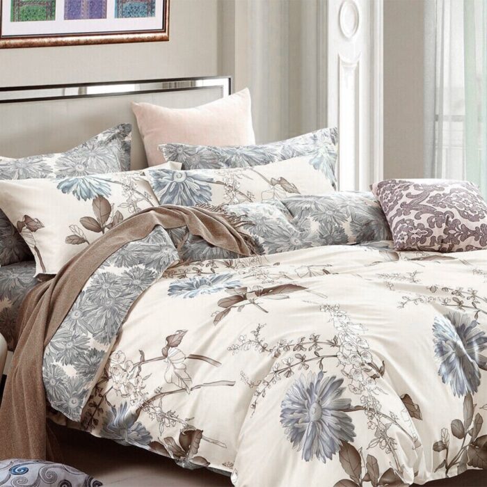 3pc Queen Size 100% Cotton Bedding Set Daisy Silhouette Beige