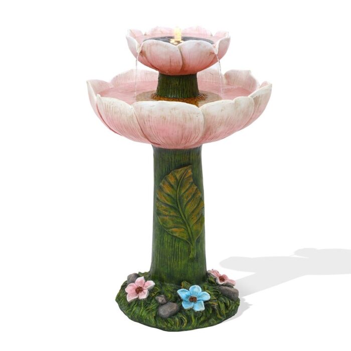 Solar Powered Pink Flower 2-Tier Resin Birdbath Fountain with Lights - Image 2