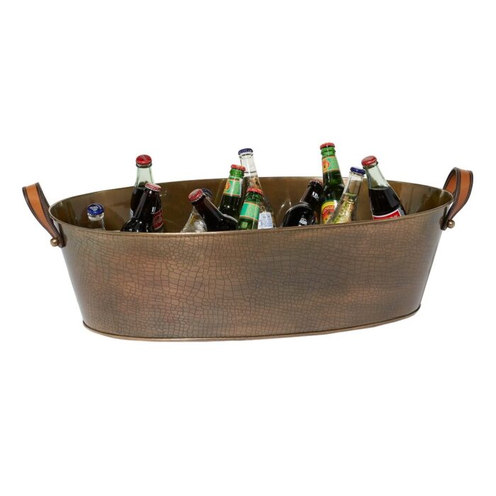 Bronze Metal Long Ice Bucket with Leather Strap Handles - Image 2