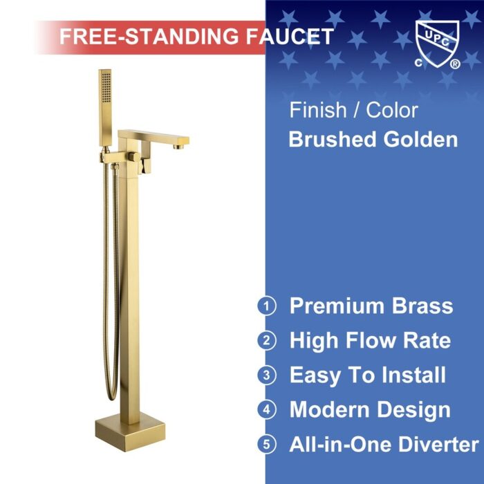 Rainlex Modern Style Freestanding Bathtub Filler Faucet, Brushed Gold - Image 2
