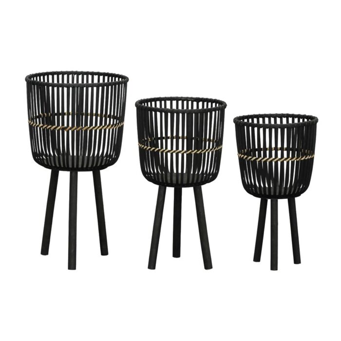 Set of 3 Bamboo Footed Planters Bamboo and Wood Weaving Technology Floor Flower Pot Rack Balcony Garden Decoration - Image 2