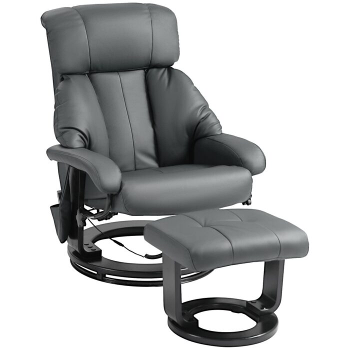 HOMCOM Massage Recliner Chair with Ottoman, 360° Swivel Recliner and Footstool, PU Leather Reclining Chair, Gray - Image 2