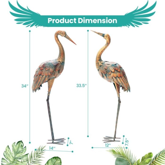 Set of 2 Crane Garden Statues Standing Metal Crane Sculptures Bird - Image 2